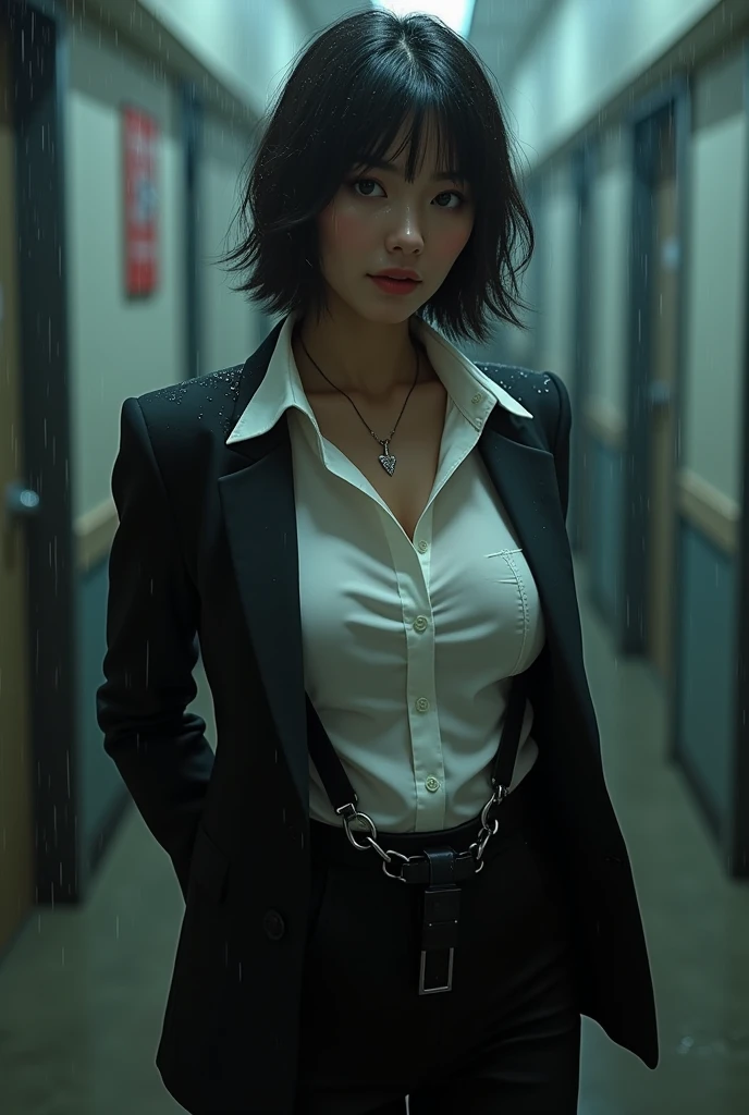 a woman in a suit, belt, hands behind back, sweating, suspenders, black pants, sexly, large breasts, see-through clothing, rain, detective, office worker, white button-up shirt, (best quality,4K,8k,highres,masterpiece:1.2),ultra-detailed,(realistic,photorealistic,photo-realistic:1.37),hyper-detailed,highly detailed face and body, Slender thin suspenders Moderate breasts See-through shirt Nipples holster chain Pistol Armament criminal Female criminal knife