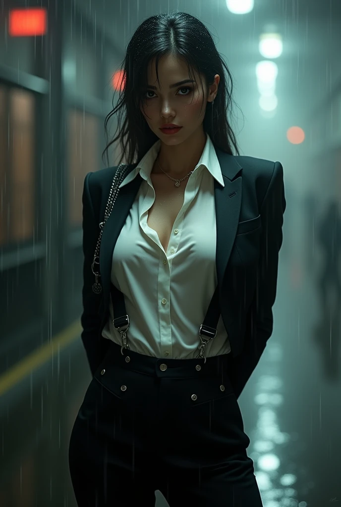 a woman in a suit, belt, hands behind back, sweating, suspenders, black pants, sexly, large breasts, see-through clothing, rain, detective, office worker, white button-up shirt, (best quality,4K,8k,highres,masterpiece:1.2),ultra-detailed,(realistic,photorealistic,photo-realistic:1.37),hyper-detailed,highly detailed face and body, Slender　thin　suspenders　Moderate breasts　See-through shirt　Nipples　holster　chain　Pistol　Armament　criminal　Female criminal　knife
