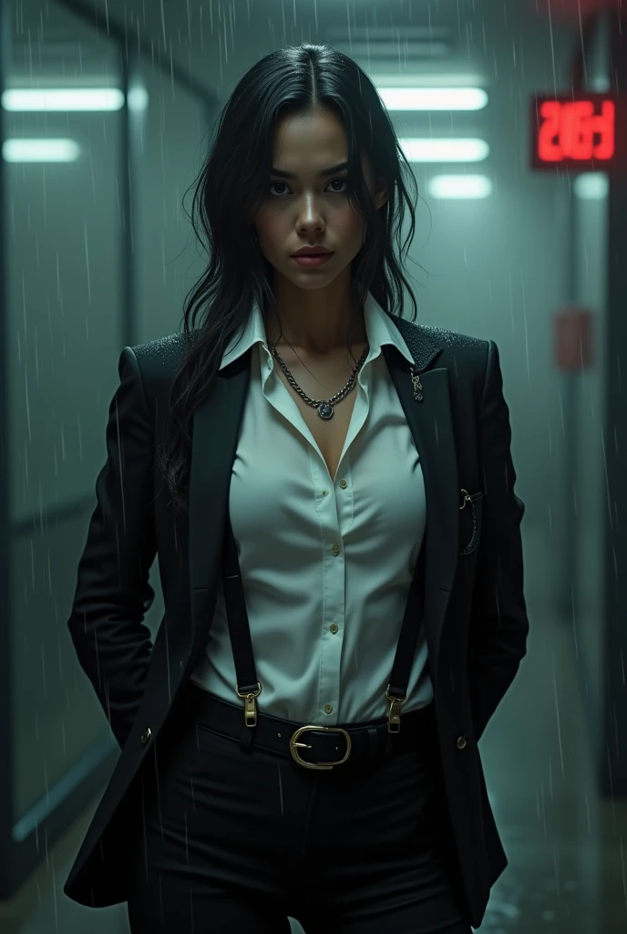 a woman in a suit, belt, hands behind back, sweating, suspenders, black pants, sexly, large breasts, see-through clothing, rain, detective, office worker, white button-up shirt, (best quality,4K,8k,highres,masterpiece:1.2),ultra-detailed,(realistic,photorealistic,photo-realistic:1.37),hyper-detailed,highly detailed face and body, Slender　thin　suspenders　Moderate breasts　See-through shirt　Nipples　holster　chain　Pistol　Armament　criminal　Female criminal　knife
