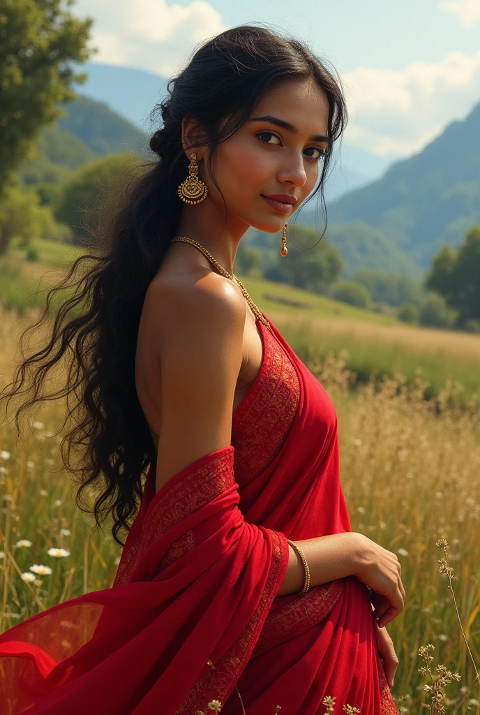 A beautiful young india woman, detailed beautiful eyes, detailed beautiful face, detailed beautiful nose, tan skin , naked breasts . in a vibrant red Sari Dress , The background contains tall grasses and bushes. The background is a bustling outdoor house tranquil landscape with mountains and india trees.