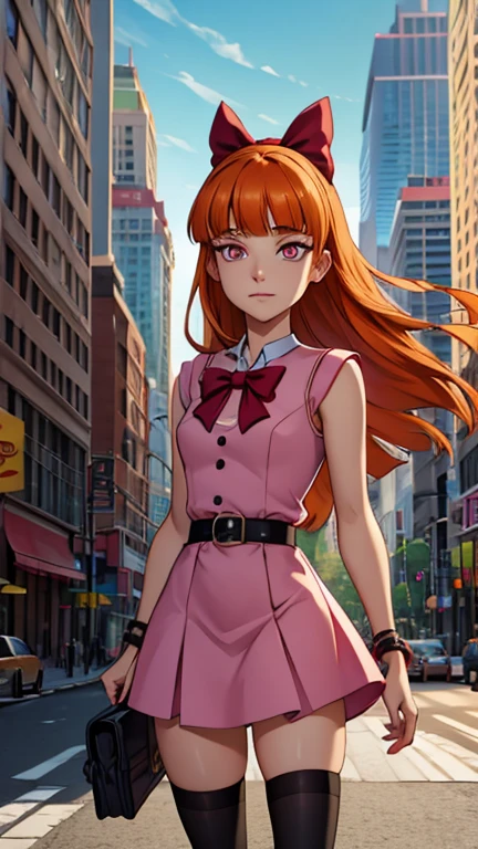 (Teens:1girl: blossom), (extremely detailed CG unit 8k wallpaper),(master part), (best quality), (ultra detail), (best illustration),(city scene), cowboy shot, (Sharp eyeliner, ombre, detailed eyes:1), landscape, building, outdoor, ,break , (DcauGirls), upper body, orange hair, long hair, blunt bangs, pink eyes)
(bow, dress, belt, thighhighs,