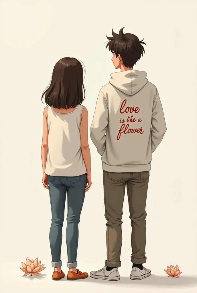A casual and relaxed image featuring two people standing next to each other. The person on the left is a woman wearing a white sleeveless top and has straight, shoulder-length hair. The person on the right is a man wearing a hoodie with the text ‘LOVE IS LIKE A FLOWER’ printed on it. The background is plain and minimalist, realistic