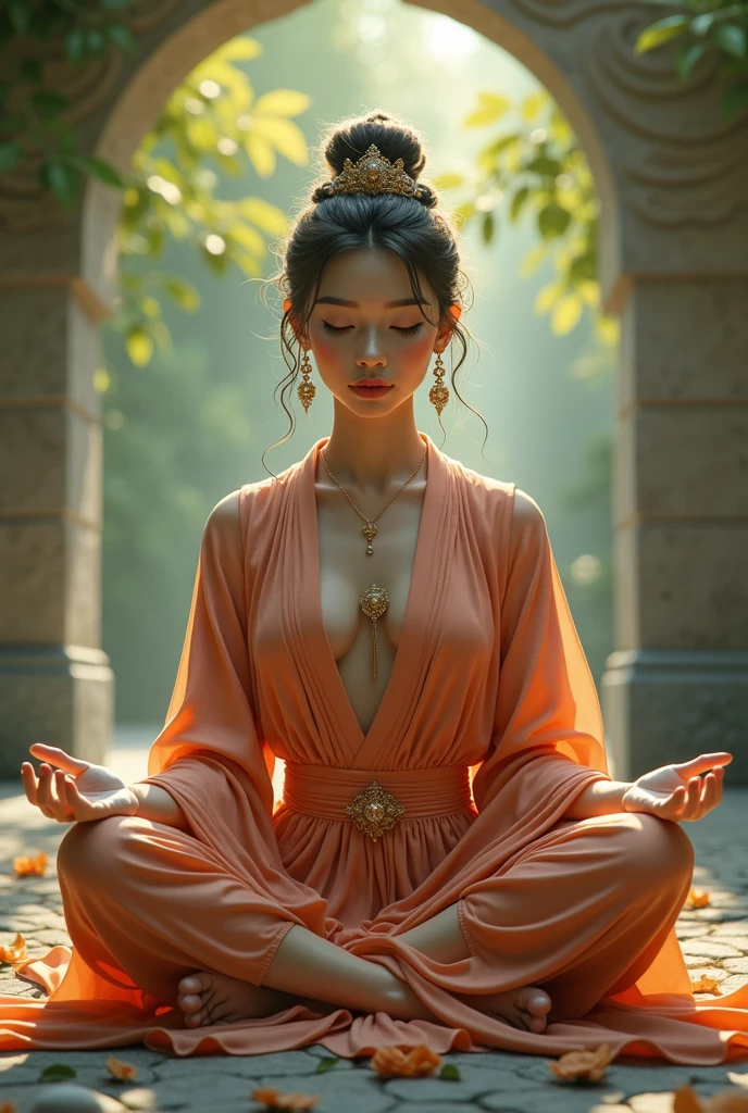 a woman in a meditative pose, sitting cross-legged in a serene natural environment, beautiful detailed eyes, beautiful detailed lips, extremely detailed eyes and face, long eyelashes, peaceful expression, intricate details, ornate ornaments, flowing robes, (best quality,4k,8k,highres,masterpiece:1.2),ultra-detailed,(realistic,photorealistic,photo-realistic:1.37),cinematic lighting, warm color palette, ethereal atmosphere, digital painting, concept art