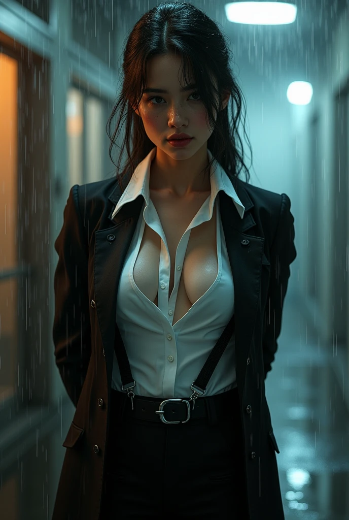 a woman in a suit, belt, hands behind back, sweating, suspenders, black pants, sexly, large breasts, see-through clothing, rain, detective, office worker, white button-up shirt, (best quality,4K,8k,highres,masterpiece:1.2),ultra-detailed,(realistic,photorealistic,photo-realistic:1.37),hyper-detailed,highly detailed face and body, Slender thin suspenders Moderate breasts See-through shirt Nipples holster chain Pistol Armament criminal Female criminal knife