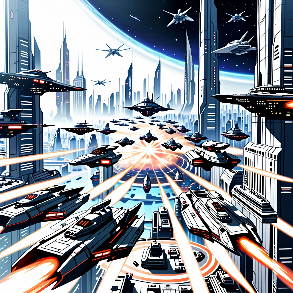 sci-fi war ready city, with large space battle ships