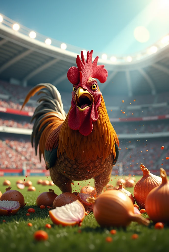Angry rooster destroying onions inside a football stadium.