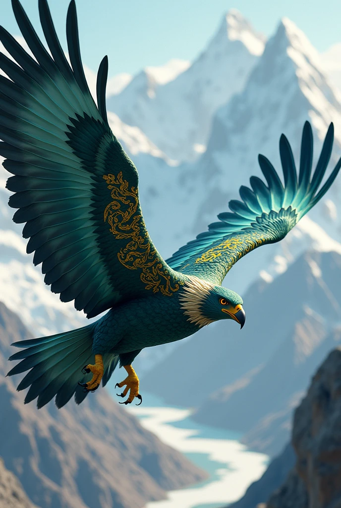 hyperrealism. Flying Great Eagle, view of an eagle from above on the back, under the eagle there are high mountains with a fantastic landscape ,the air is clear ,greenish blue eagle, On the eagle's back there is a beautiful ethnic ornament of acid yellow color