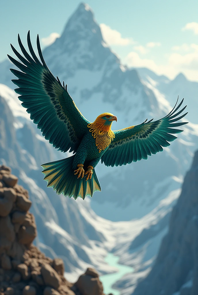 hyperrealism. Flying Great Eagle, view of an eagle from above on the back, under the eagle there are high mountains with a fantastic landscape ,the air is clear ,greenish blue eagle, On the eagle&#39;s back there is a beautiful ethnic ornament of acid yellow color