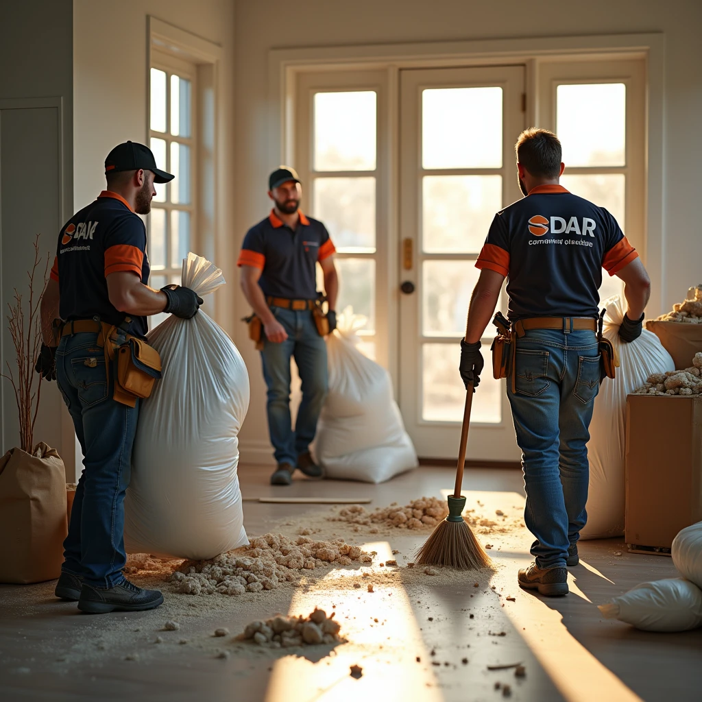 A realistic and professional scene showing workers cleaning up after a door installation in a residential setting. The workers, dressed in work uniforms with company logos, are carrying out large bags of debris, including old door materials, packaging, and other waste. One worker is seen holding a broom, sweeping up the remaining dust and small debris, while another is taking the trash bags to a large outdoor garbage bin. The scene captures the end of a professional door installation job, with the focus on the workers’ attention to cleanliness and detail. The background shows a newly installed door in a modern home interior, emphasizing the high-quality workmanship