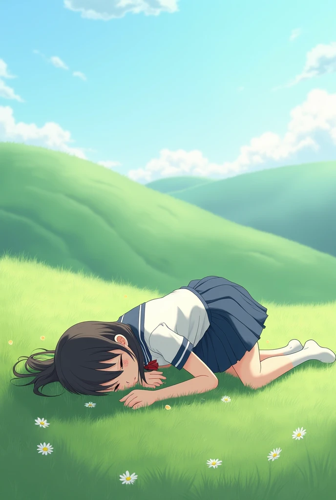 An anime girl in a school uniform is lying face down on the grass.