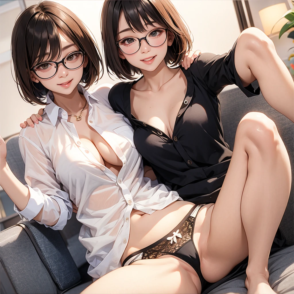 Two people、cute、2、C cup、No shirt、Show your chest、A big smile、slender、Bob Short、Put out the nipple、Black panties、Spread your legs、looking at the camera、With glasses、Nipple out、