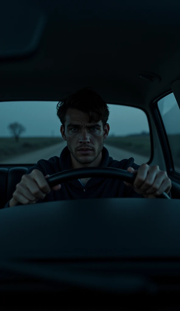Man in his 20s, inside car at midnight, front view ، It's pitch black, it's a deserted countryside.