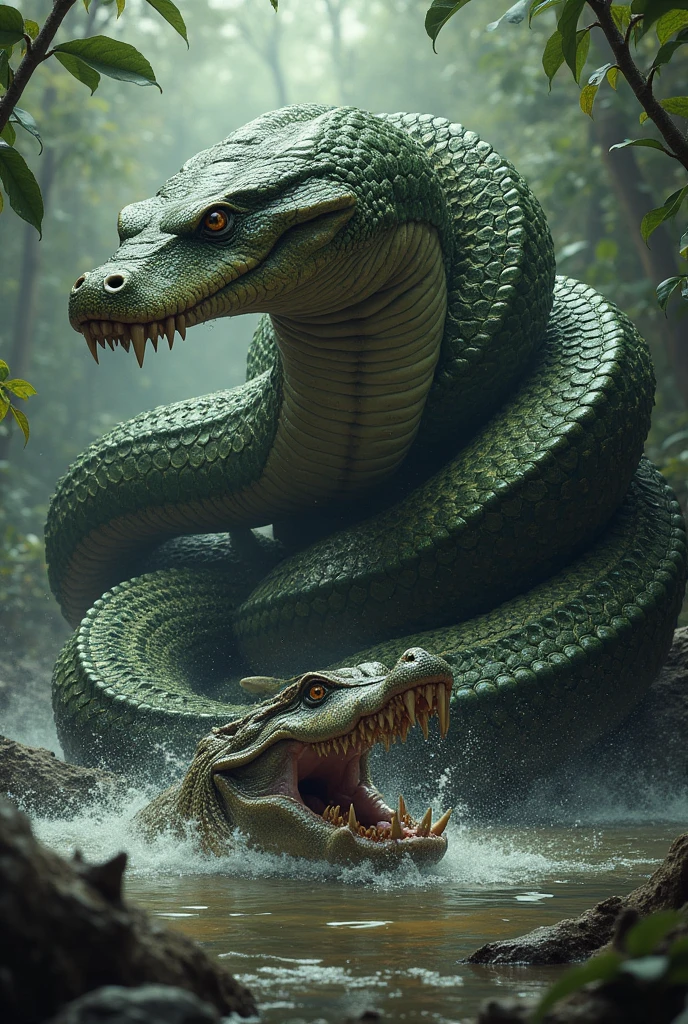 Big snake and crocodile fight and crocodile lost the fight