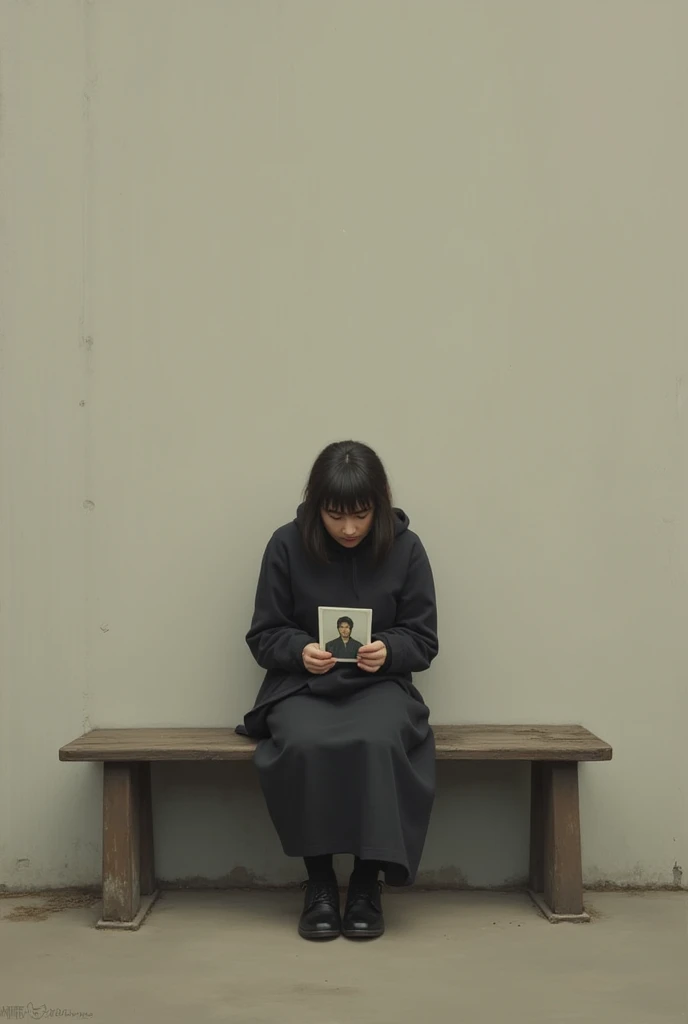 A painting in dull colour of a 1 person siting on a bench looking at a photograph in his hand with ground as the background