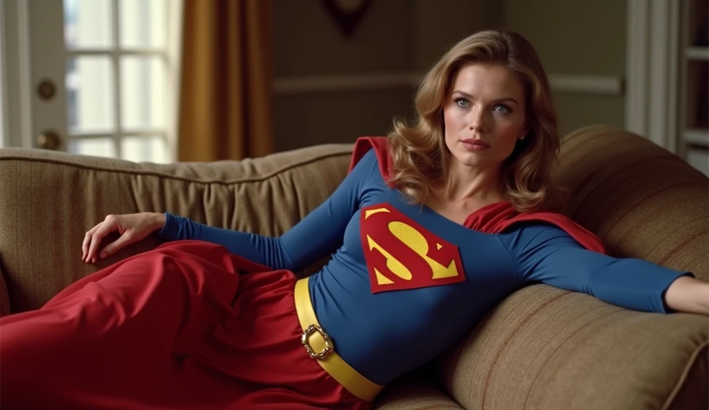 1984 old Supergirl Movie scene; Old Supergirl Julie Hagerty(((very sexy, beautiful and strong old Supergirl (((1984s old Supergirl movie costume))); Julie Hagerty))) Super old woman Julie Hagerty; full body view; full body; stretched in the air, confident, powerful, indestructible, attractive, sentada em um sofá
