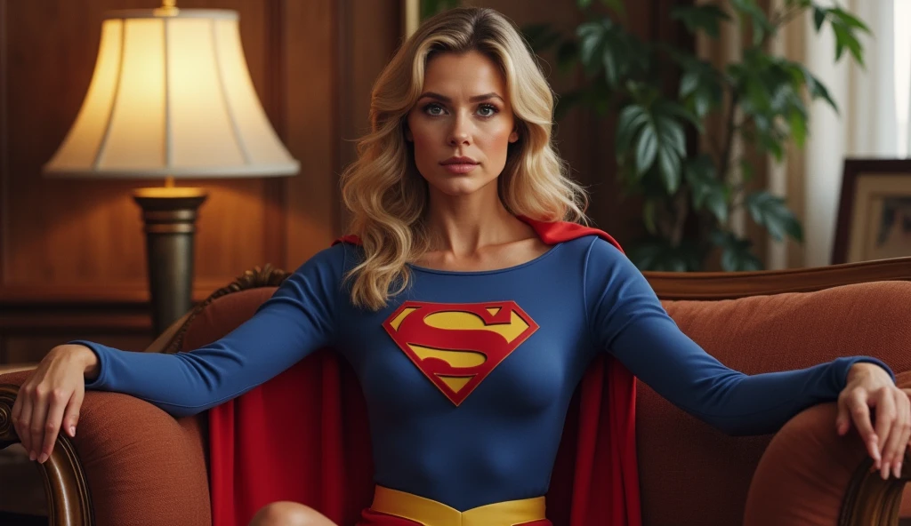 1984 old Supergirl Movie scene; Old Supergirl Julie Hagerty(((very sexy, beautiful and strong old Supergirl (((1984s old Supergirl movie costume))); Julie Hagerty))) Super old woman Julie Hagerty; full body view; full body; stretched in the air, confident, powerful, indestructible, attractive, sentada em um sofá