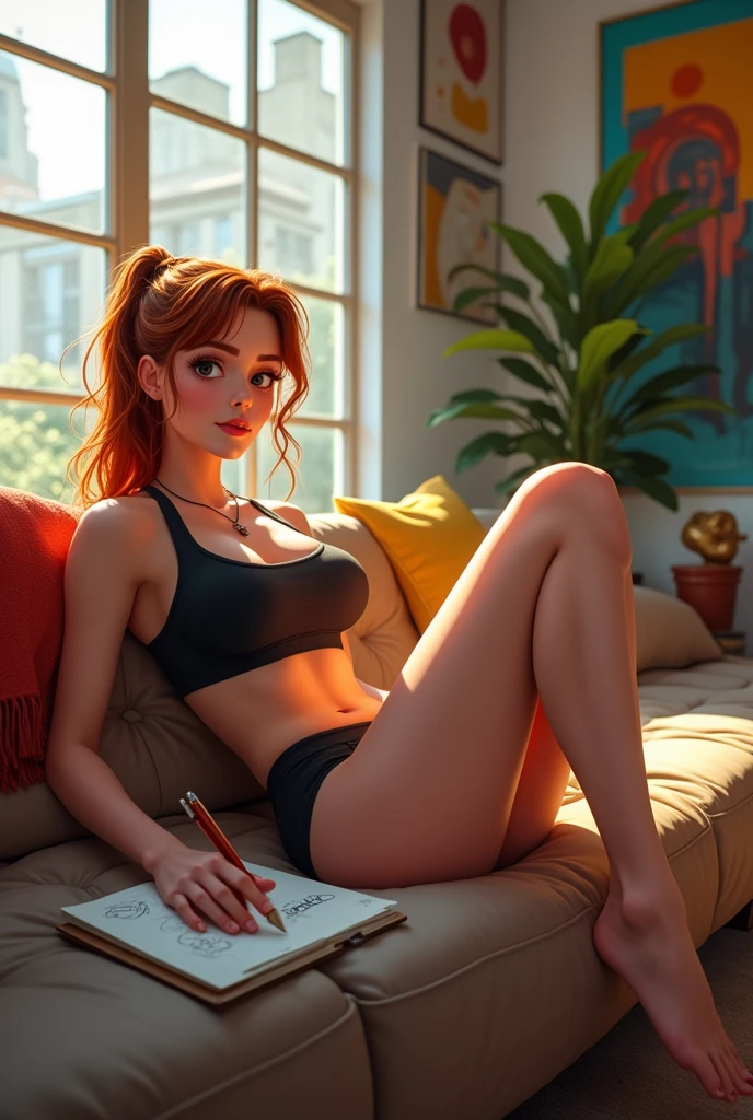 In a stylish, modern loft with large windows that let in the soft afternoon light, Isabelle "Izzy" Monroe, a striking 2 artist, is lounging comfortably on a plush, oversized sofa. She is dressed in casual stay-at-home attire—a black sports bra that highlights her toned figure and a pair of tiny, form-fitting mini shorts that showcase her long legs. Her auburn hair is pulled back into a loose ponytail, with a few strands falling effortlessly around her face, giving her a relaxed yet still captivating appearance. Izzy is barefoot, with her legs casually stretched out on the sofa, a sketchpad resting on her lap as she doodles absentmindedly. The room is filled with artistic touches—paintings, sculptures, and vibrant textiles—reflecting her creative spirit. The atmosphere is cozy and intimate, with Izzy’s laid-back demeanor exuding a sense of comfort and effortless beauty. Highly detailed, soft lighting, casual and intimate mood, 8K.