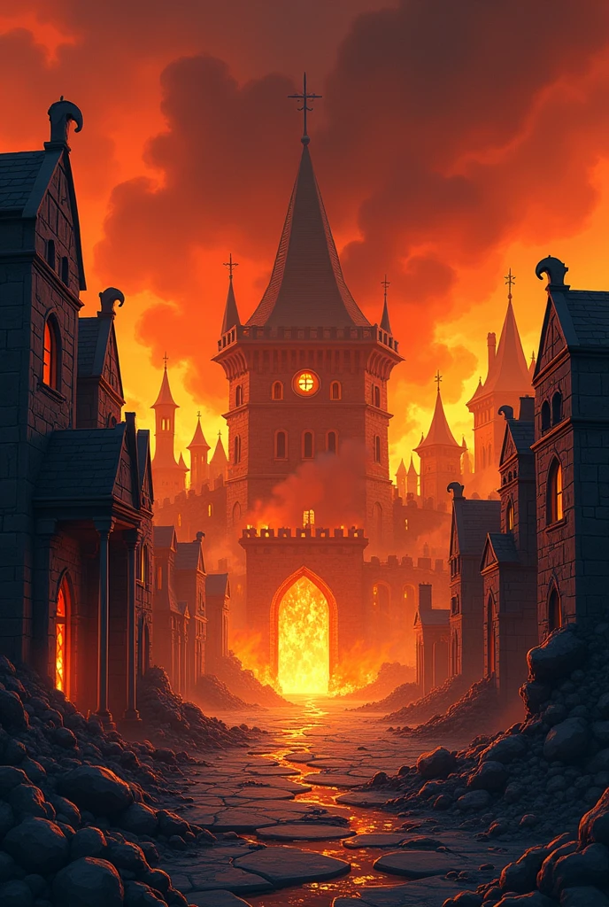 Cartoon Ruin with fire midieval age  the workd, dark side,