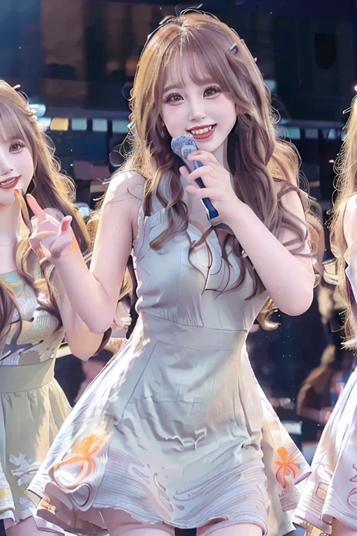 (((masterpiece　Highest quality　High resolution　Very delicate CG integrated wallpaper 8K Photorealistic　RAW Photo 8k　Super beautiful graphics)))Beautiful girl from an idol group(((Five Girls　Five people have different hairstyles　All five have the same hair color　Cute Dress　dresses of various colors　Cute design)))Singing with a microphone(((All smiles　dancing　Singing on stage　Spotlight)))