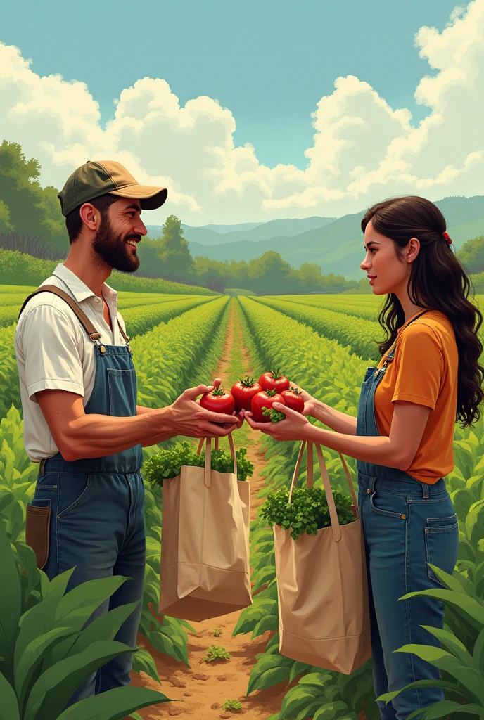 Generate an illustration in which the idea of connecting farmers to consumers djrectly and eliminating middleman is represented