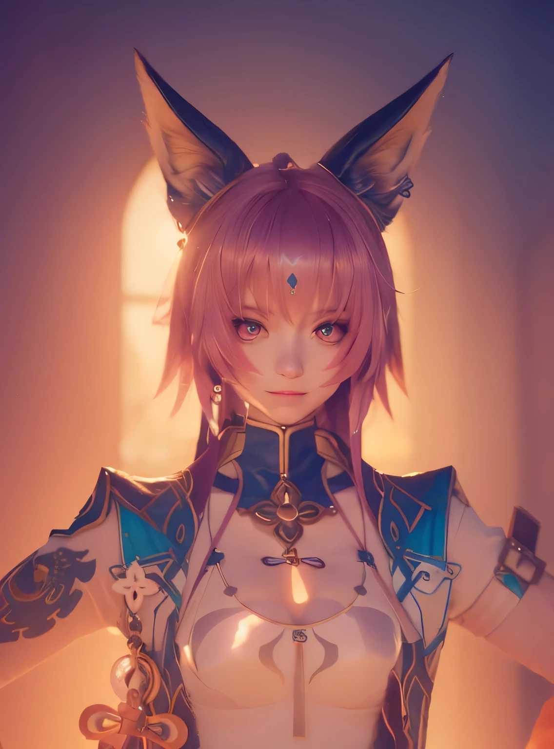 1girl, fox ears, detailed facial features, beautiful eyes, long eyelashes, cute expression, animal ears, fantasy creature, magical girl, warm lighting, soft focus, cinematic, intricate details, vibrant colors, digital painting, highly detailed, masterpiece, photorealistic, 8k, best quality