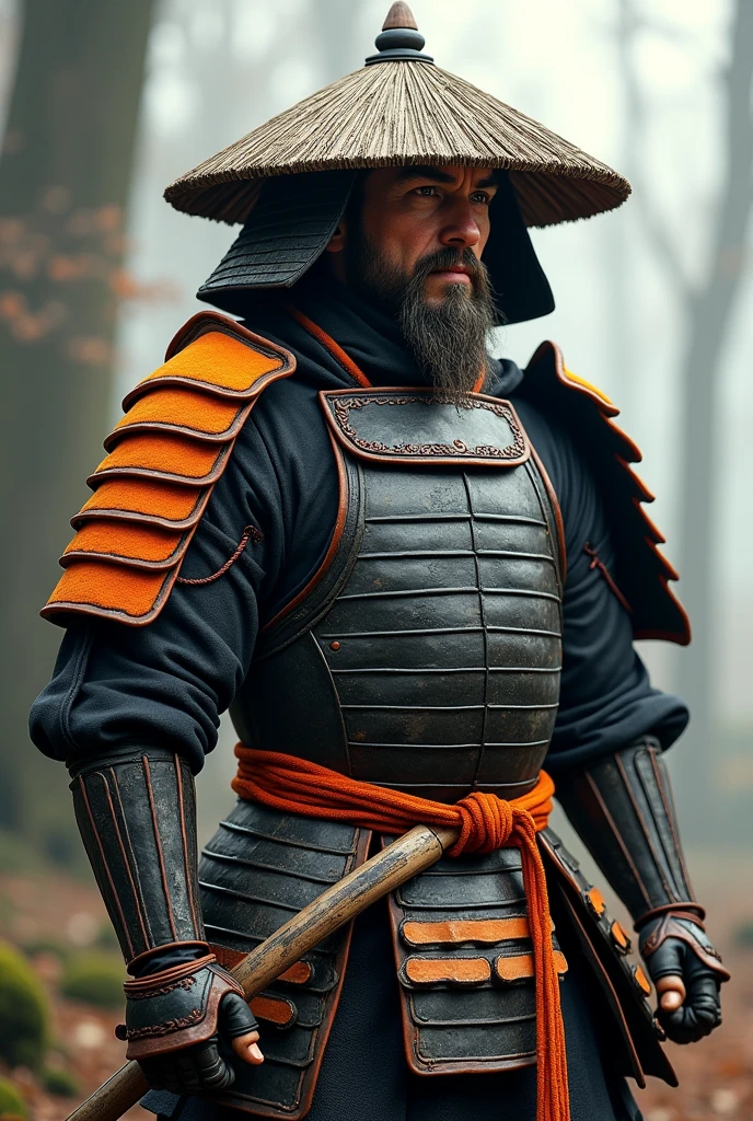 Make a samurai with gray armor and orange shoulder pads and the outfit with orange details and a Non la hat