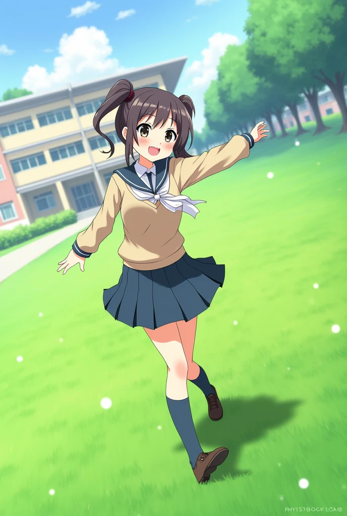 An anime girl in a school uniform swings her right side on the grass.
