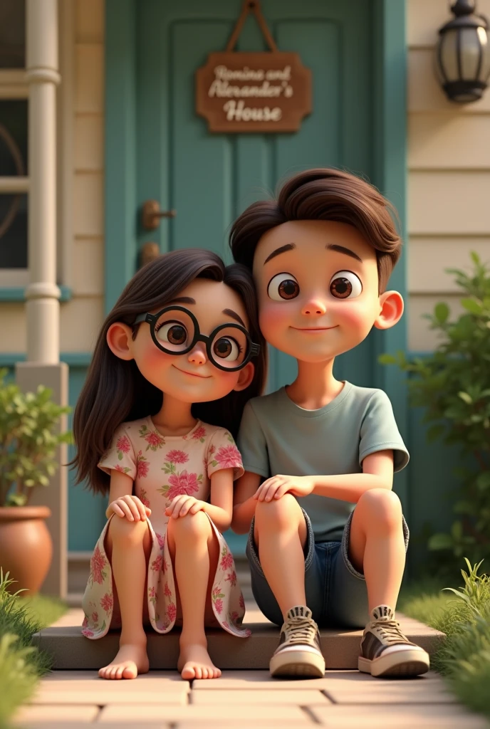 (photorealism:1.2), a couple, The girl with glasses and a flowery dress, the boy with a shoth and a t-shirt sitting in front of their house, With a sign that says "Romina and Alexander&#39;s House"