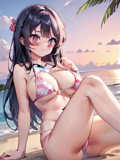 Pink Bikini, I can see your crotch, sunlight, Long black hair, Purple eyes, Chubby and curvy body, middle~Big breasts ,Wide legs, I can see your crotch,(( Leg spread)), Hands outside the frame ,Beach Background, Pink Sky, Patterned bikini,