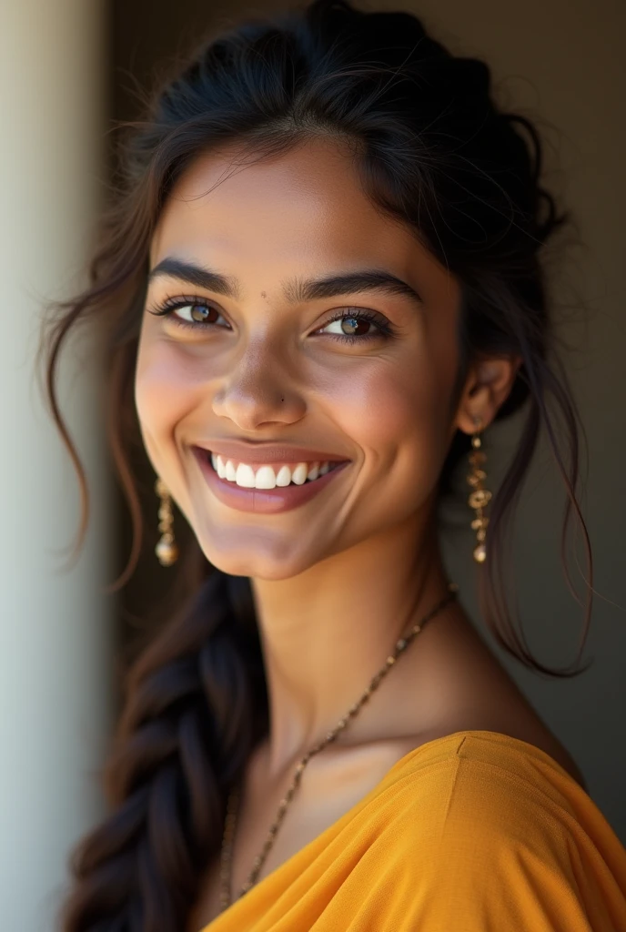 There is a young, Beautiful indian woman, who looks to the future like Katrina Kaif, Smiles into the camera, beautiful teeth, She looks into the camera, a portrait from raw photo, body, conservative modern color dress, ((hair conservative braided)), 
