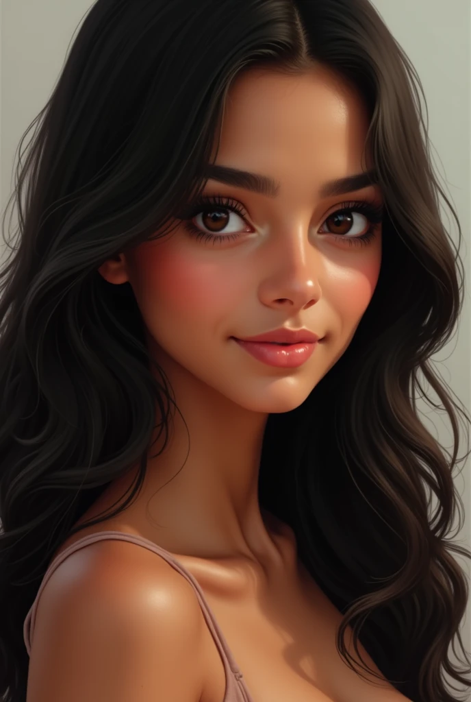 A Indian girl have striking, almond-shaped eyes that are deep and expressive, often framed by dark, thick eyelashes. Her white skin She may have lustrous, dark hair that cascades down her back, adding to her elegance. Her facial features might include a well-defined jawline, a charming smile with straight white teeth, and a delicate nose.