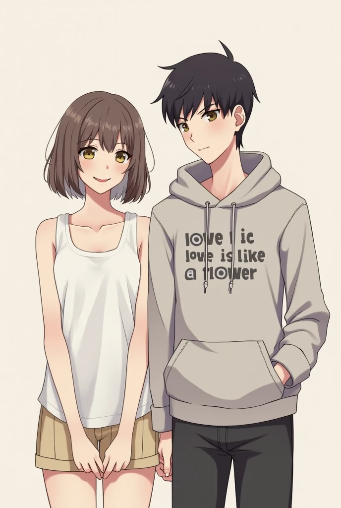 A casual and relaxed image featuring two people standing next to each other. The person on the left is a woman wearing a white sleeveless top and has straight, shoulder-length hair. The person on the right is a man wearing a hoodie with the text ‘LOVE IS LIKE A FLOWER’ printed on it. The background is plain and minimalist.”