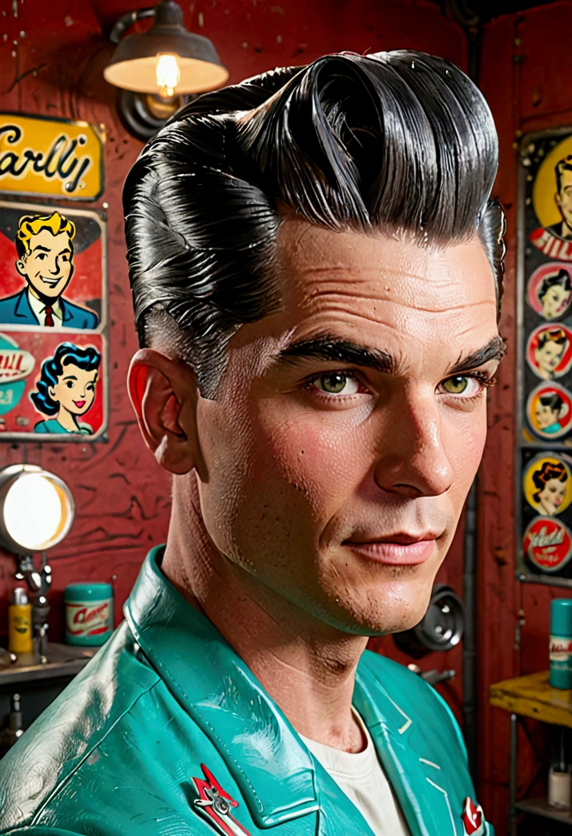 Carly hair pomade brand in fallout style 50s man