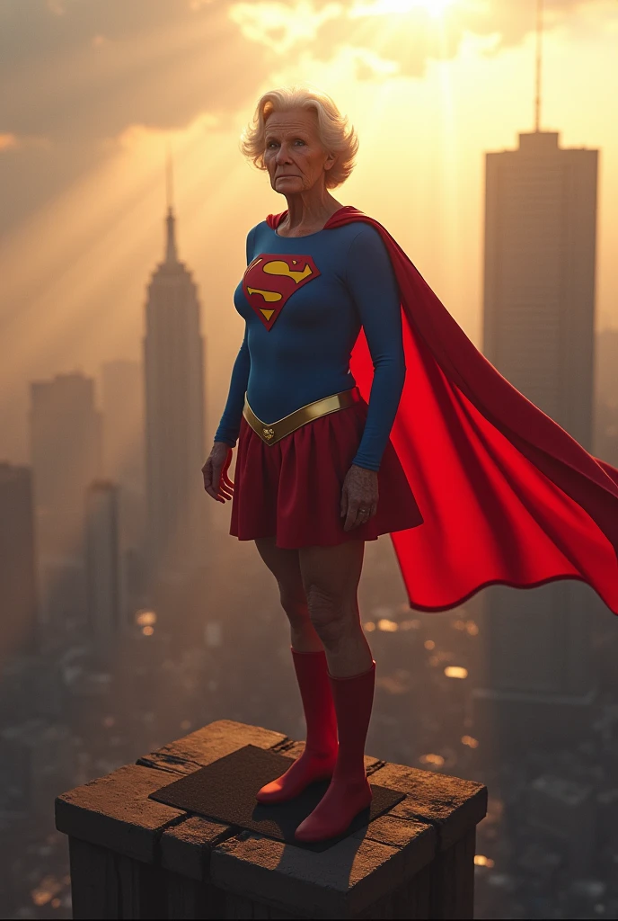 Julie Hagerty(((very beautiful old Supergirl (((1984s costume))); Julie Hagerty))) Super old woman Julie Hagerty; confident, powerful, indestructible, attractive; big and firm chest, floating high above the city, sunlight streaming through the clouds, dramatic pose, cinematic lighting, colorful cityscape below, gritty urban environment, intricate details, hyper-realistic, 8k, cinematic, dramatic, grandiose, superhero, flying, cape flowing, muscular, confident, powerful, determined expression, glowing eyes, lens flare, volumetric lighting, cinematic camera angle, dramatic shadows and highlights, photorealistic, vibrant colors, highly detailed, masterpiece
