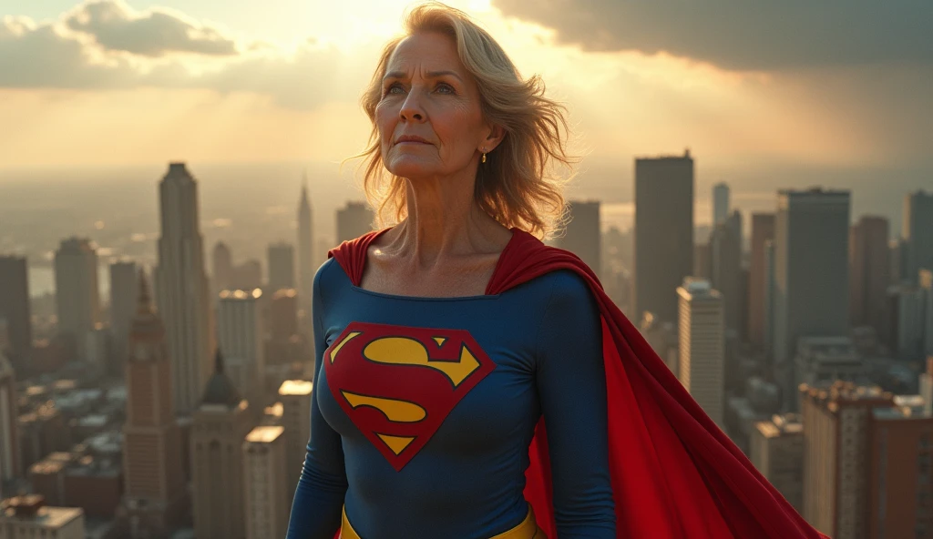 Julie Hagerty(((very beautiful old Supergirl (((1984s costume))); Julie Hagerty))) Super old woman Julie Hagerty; confident, powerful, indestructible, attractive; big and firm chest, floating high above the city, sunlight streaming through the clouds, dramatic pose, cinematic lighting, colorful cityscape below, gritty urban environment, intricate details, hyper-realistic, 8k, cinematic, dramatic, grandiose, superhero, flying, cape flowing, muscular, confident, powerful, determined expression, glowing eyes, lens flare, volumetric lighting, cinematic camera angle, dramatic shadows and highlights, photorealistic, vibrant colors, highly detailed, masterpiece