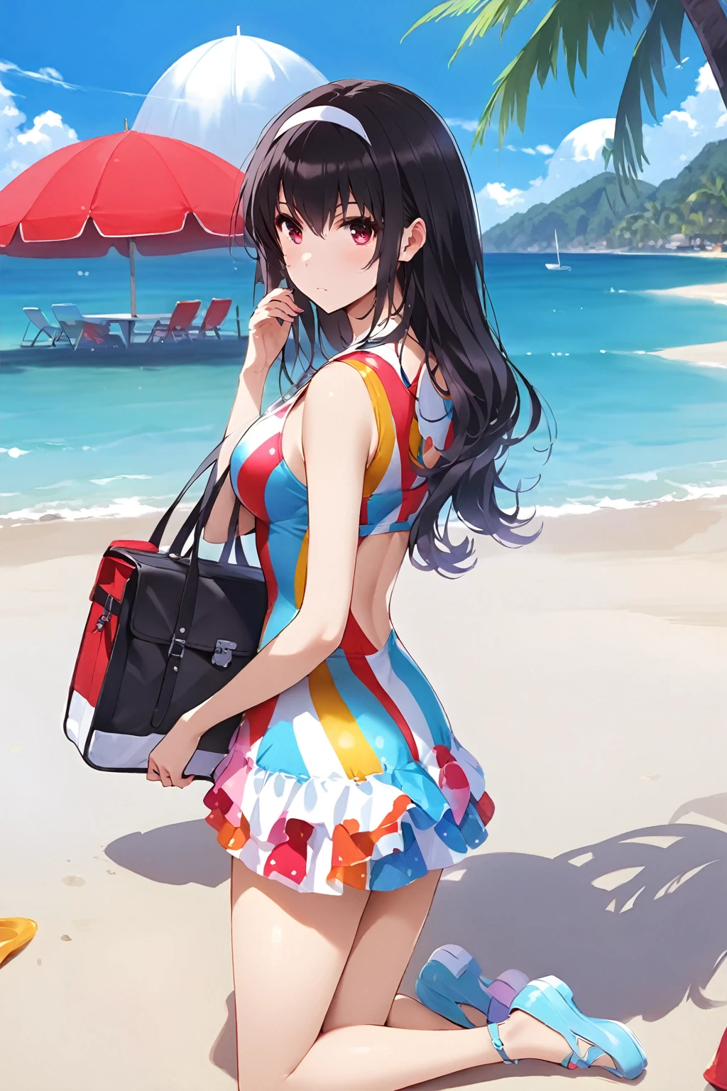 Colorful swimsuits，A pair of sunglasses，cute，Normal behavior，Kneeling on the beach，a beautiful  woman， black hair, （solo：1.2），（highest quality，extremely clear，masterpiece：1.2），full-body shot