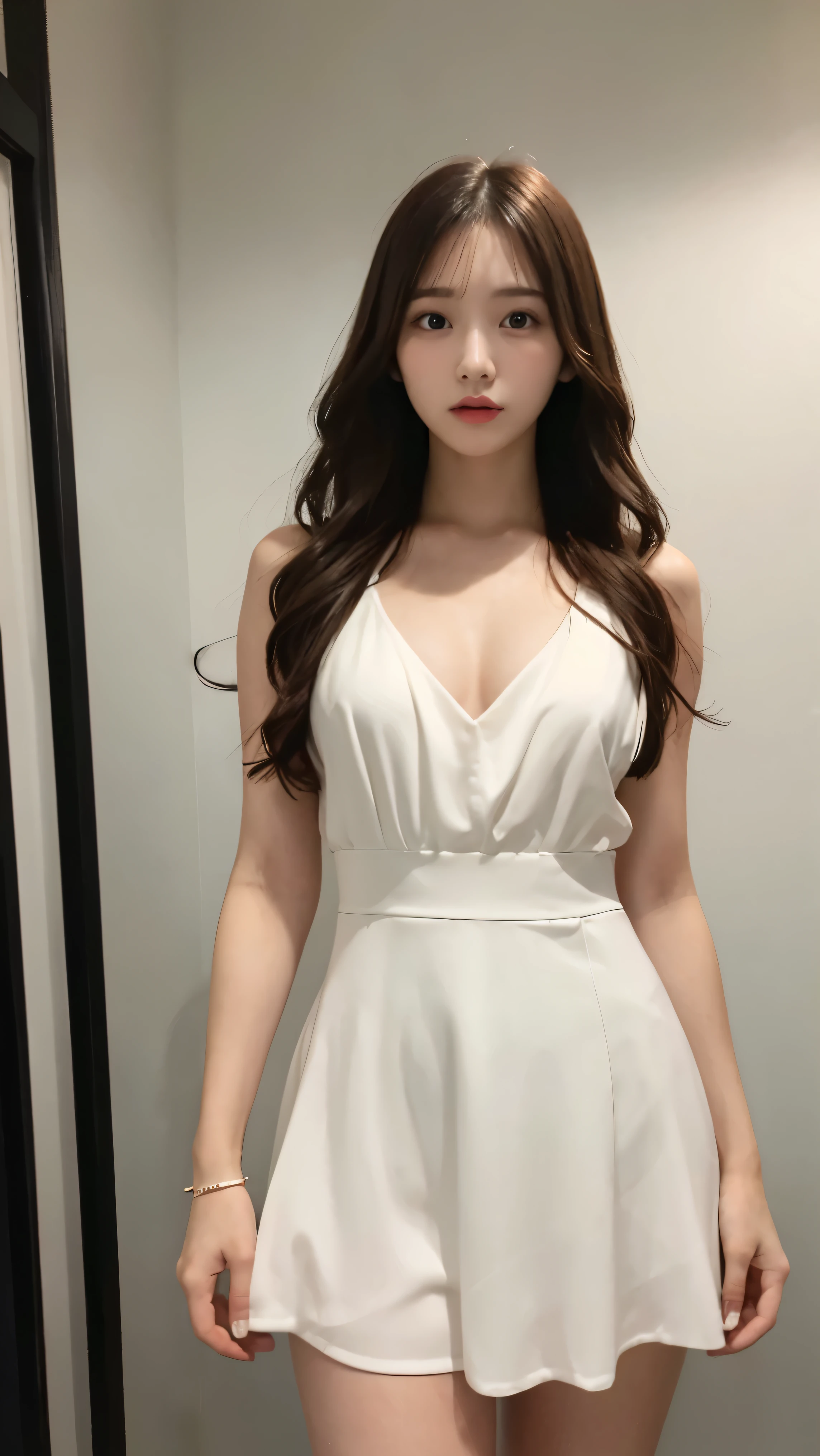 best quality, ultra high res, 1girl, long hair, slender figure, white dress, standing, beautiful face,