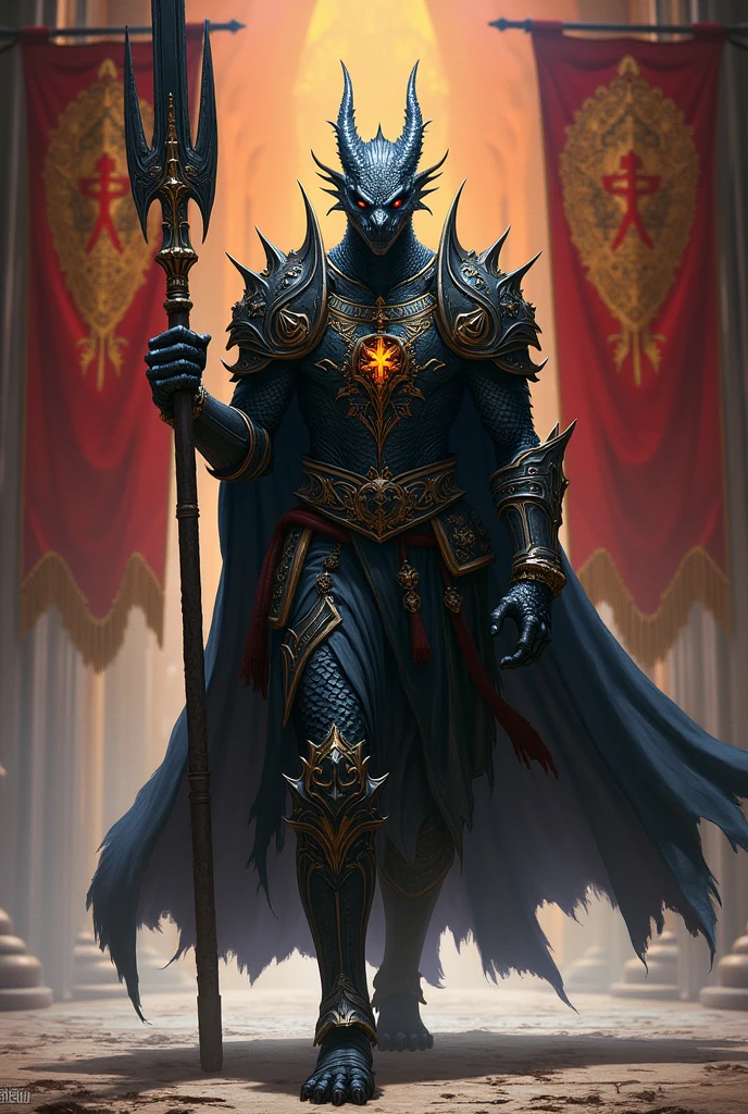Dragonborn Religious Paladin, with black scales, with a polearm, with church banners