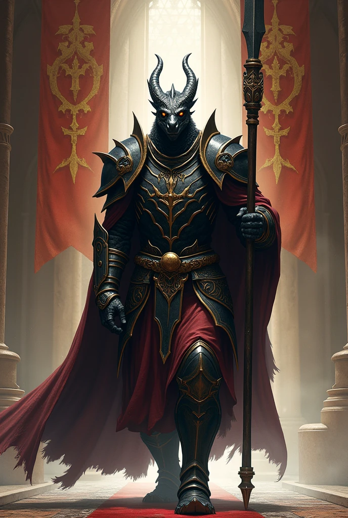Dragonborn Religious Paladin, with black scales, with a polearm, with church banners