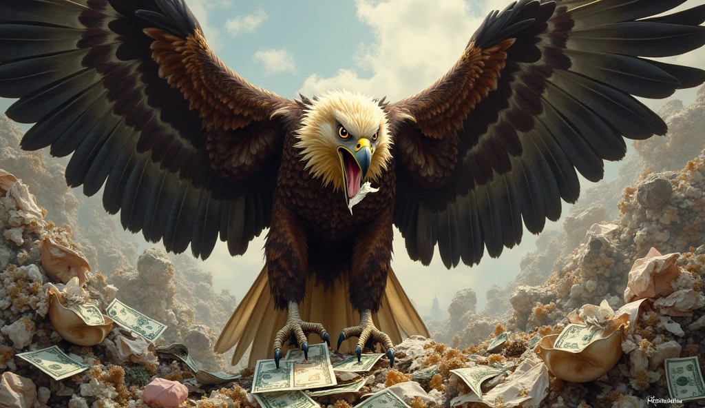 philippine eagle, eating money, surrounded with money, garbage background,