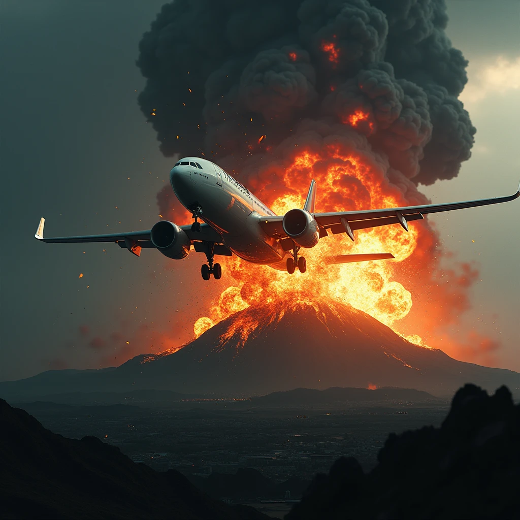 A terrifying scene of a commercial airplane in mid-explosion as it crashes into a dark, ominous hill. The aircraft is engulfed in a massive, fiery explosion, with debris flying in all directions. The sky is filled with dense, black smoke and fiery embers, casting a sinister glow over the landscape. The hill itself is shadowy and jagged, adding to the sense of impending doom. The overall atmosphere is dark and foreboding, with an eerie, unsettling silence broken only by the chaos of the explosion. The image captures the raw power and terror of the disaster, with every detail emphasizing the horror of the moment. (extremely detailed CG unit 8K wallpaper, Artwork, best quality, ultra-detailed, hdr:1.2, dark and terrifying atmosphere, eerie lighting, horror vibes)