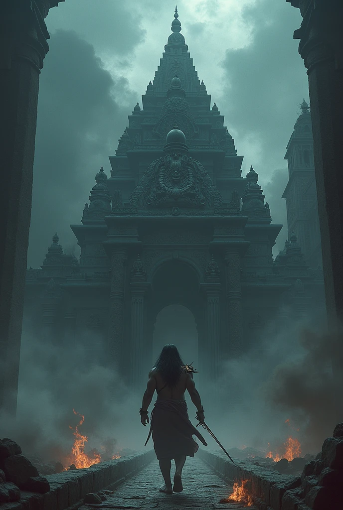 The avatar Kalki in the end of the dark world fighting
in front of a temple in darkness