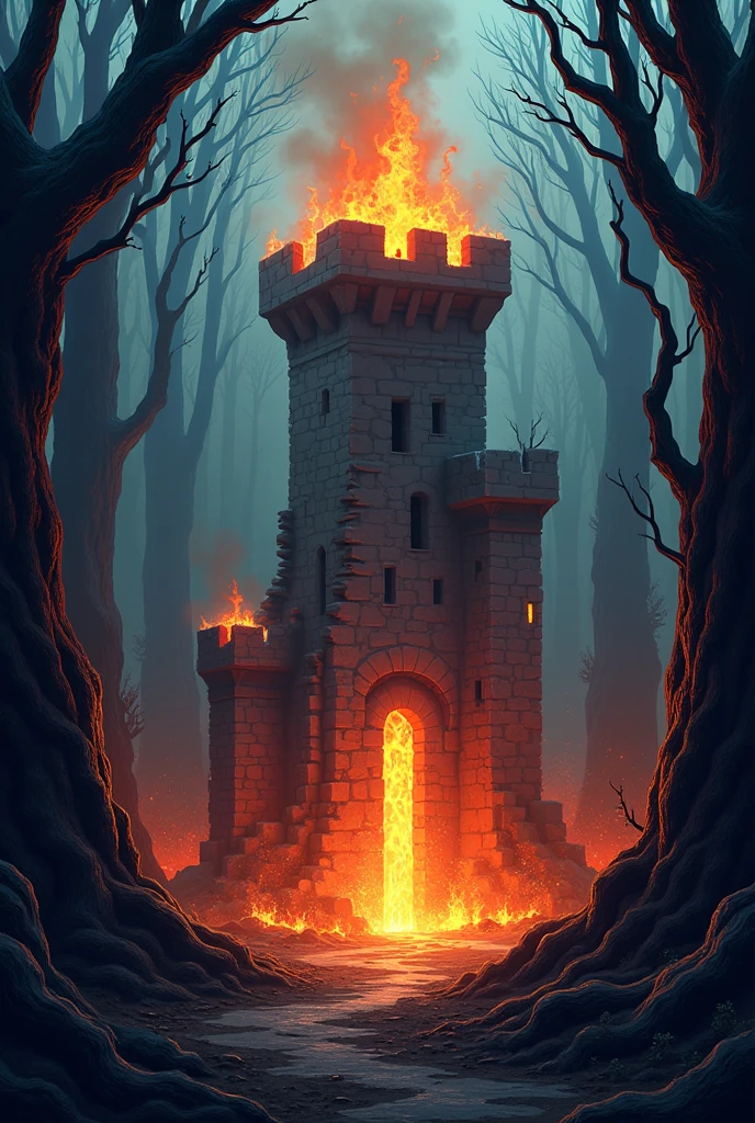 Cartoon Ruin with fire midieval age the woods, dark side,