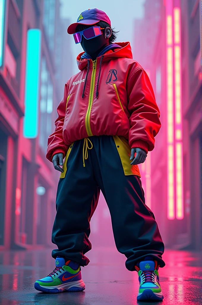 Personnage avec des lunettes de discothèque des vêtements néo rouge est violet mélangé a du gris un pantalon neo noir est agenda mélangé a du jaune une casquette de badminton qui couvre s'est yeux des chaussures de disco avec des motifs neo bleu mélangé a le vert avec du agenda. 