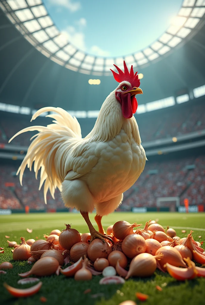 Angry white rooster destroying onions inside a football stadium.