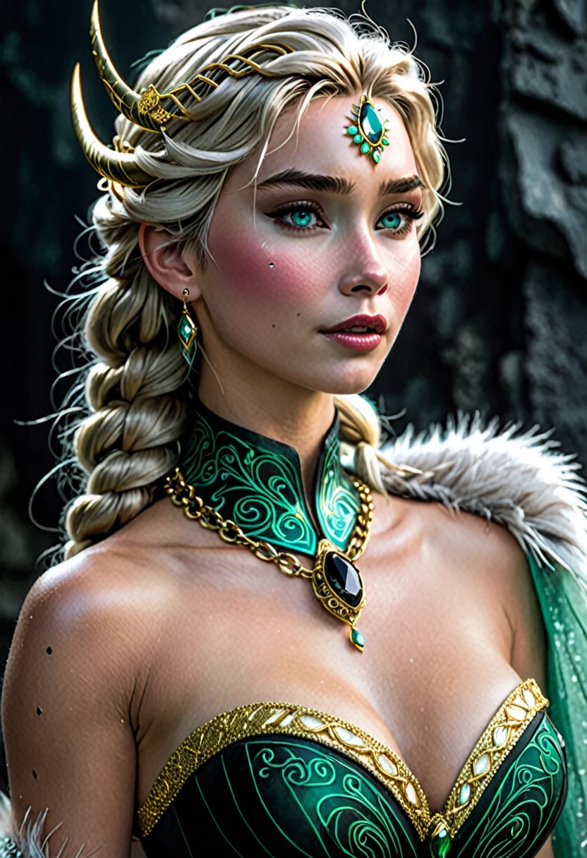 (good quality), (many details), (masterpiece), face in profile, Elsa with a half mask (covers the left half of the face) made of black stone, mask with decorations in gold and obsidian (green), chain from the mask to the right ear, breask face expression, horror, NSFW, sexy