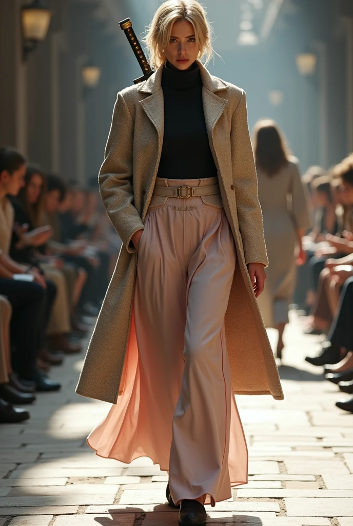 (cloud strife), realistic, balenciaga, Autumn and winter catwalks，Classic herringbone coat，Loose coat，Shirt with turtleneck，Chiffon ruffled pink sequin maxi dress，flowing shimmering fabrics，Gray top with wide-leg trousers，Subtle beige tones，Inspired by Ralph Lauren, bustersword on his back