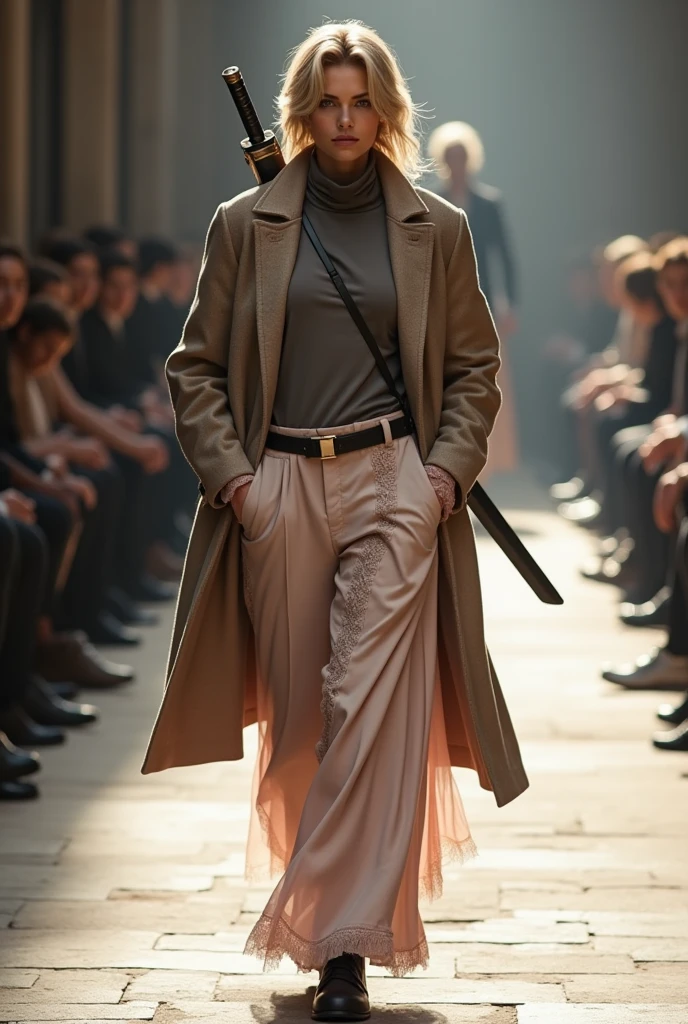 (cloud strife), realistic, balenciaga, Autumn and winter catwalks,Classic herringbone coat,Loose coat,Shirt with turtleneck,Chiffon ruffled pink sequin maxi dress,flowing shimmering fabrics,Gray top with wide-leg trousers,Subtle beige tones,Inspired by Ralph Lauren, bustersword on his back
