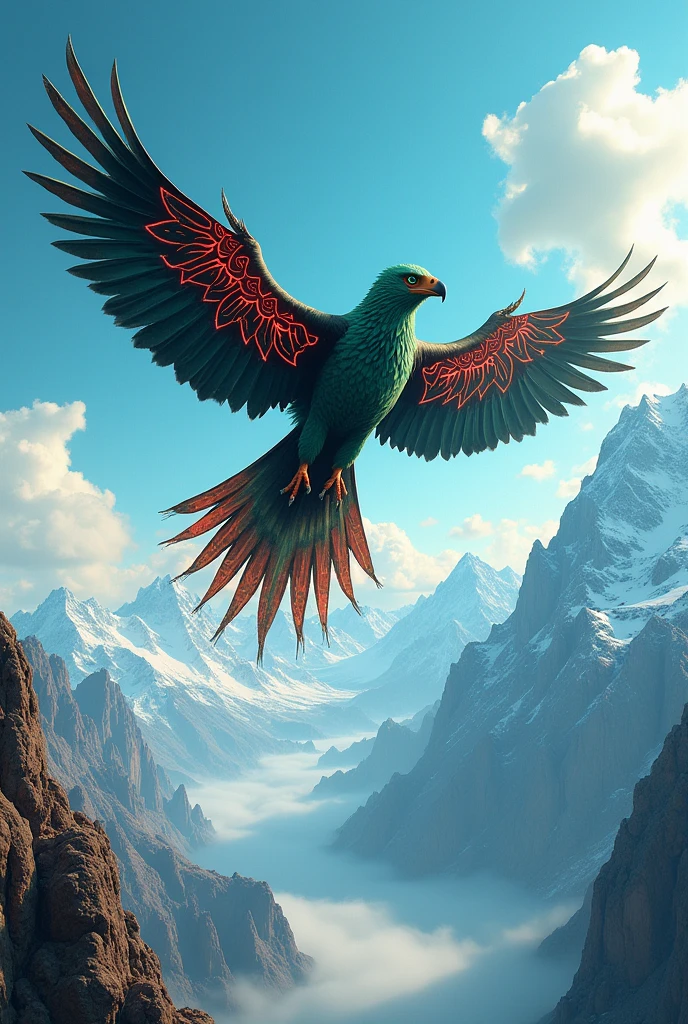 hyperrealism. Flying Great Eagle, fork from top to back, under the eagle there are high mountains with a fantastic landscape ,the air is clear ,greenish blue eagle, The eagle has a beautiful ethnic pattern on its back , the ornament glows with red neon light.