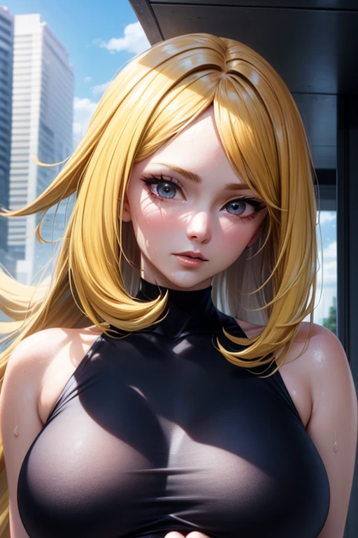 masterpiece, Highest quality, (Unreal Engine), reality:1.5, Super Resolution,  Very detailed, Complex, colorful, Clear images, Sharp focus, Digital Blending, 

Beautiful woman, Cynthia \(Pokemon\), Big Breasts, Perfect Eyes, Beautiful Eyes, Perfect Face, Ultra detailed hair, Ultra detailed face, Very detailed lips, Vivid expression, Healthy Body, Beautifully detailed sweat glands, Smooth skin texture, Beautiful Skin, Carefully drawn,

Dynamic pose, 

In the world of Pokemon, Outdoor, In the hustle and bustle of the city, (Shot on Sony α9, Dynamic Angle), 

